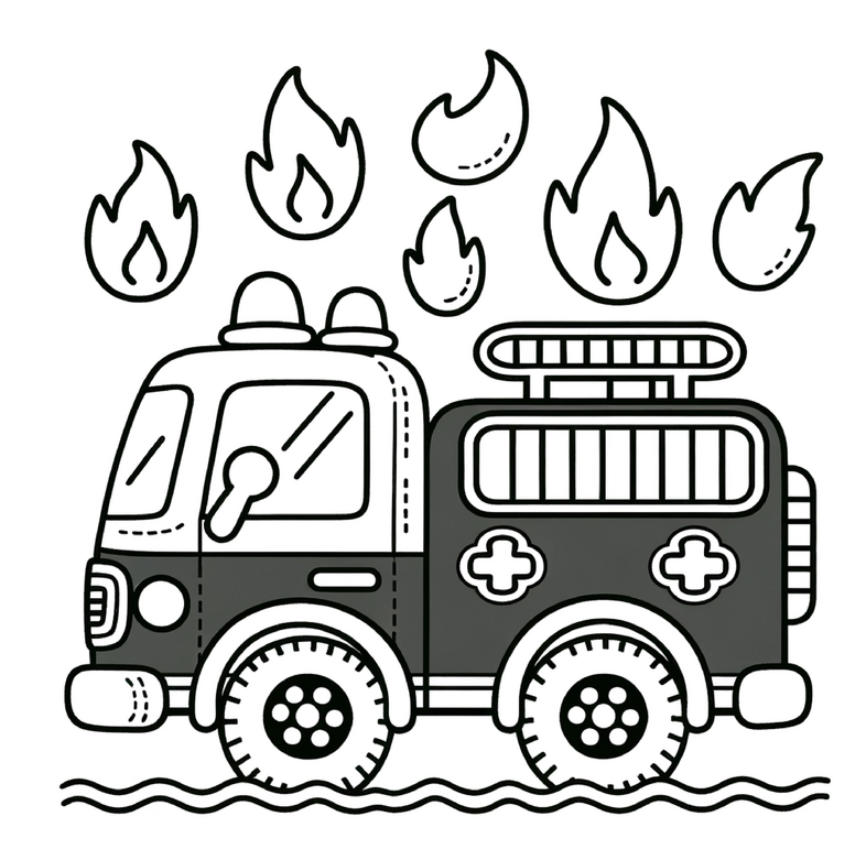 malvorlage-feuerwehrfahrzeug-mit-flammen