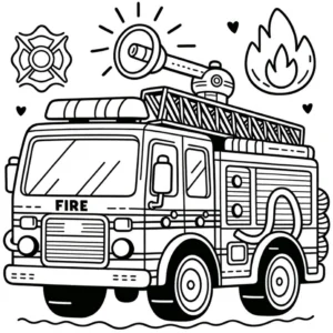 malvorlage-feuerwehrfahrzeug-mit-symbolen-und-flammen