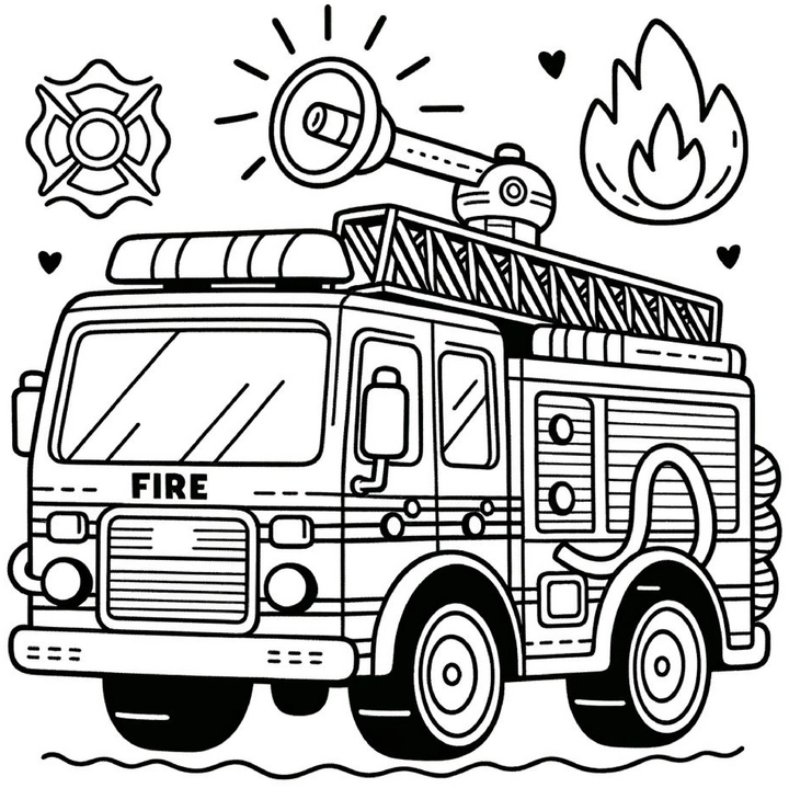 malvorlage-feuerwehrfahrzeug-mit-symbolen-und-flammen