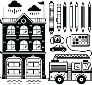 malvorlage-feuerwehrhaus-feuerwehrwagen-zeichenmaterialien