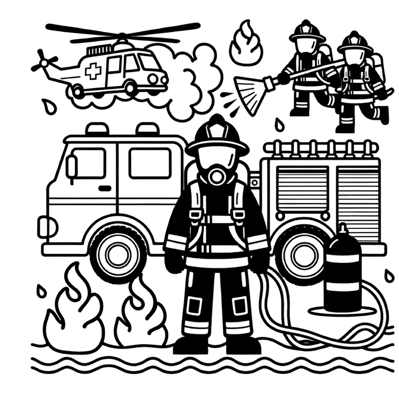 malvorlage-feuerwehrmann-feuerwehrauto-hubschrauber