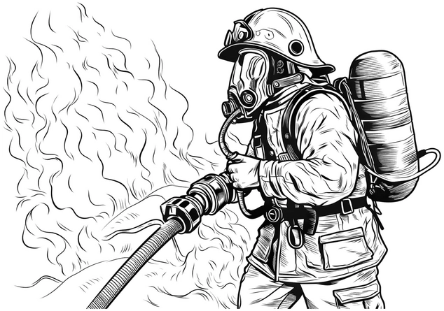 malvorlage-feuerwehrmann-im-einsatz-mit-flammen