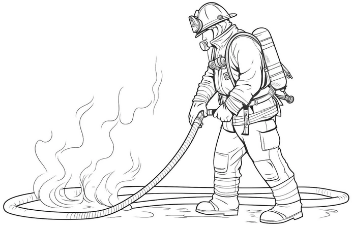 malvorlage-feuerwehrmann-im-einsatz-mit-schlauch-und-feuer