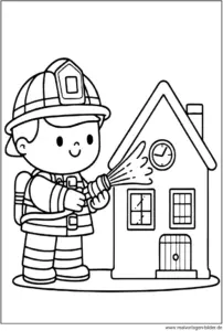 malvorlage-feuerwehrmann-loescht-feuer-im-haus