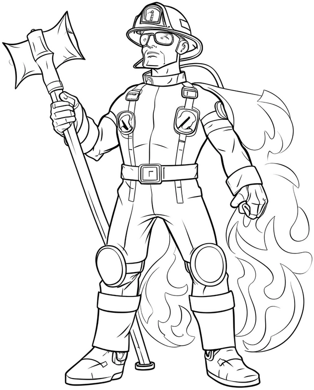 malvorlage-feuerwehrmann-mit-axt-und-flammen