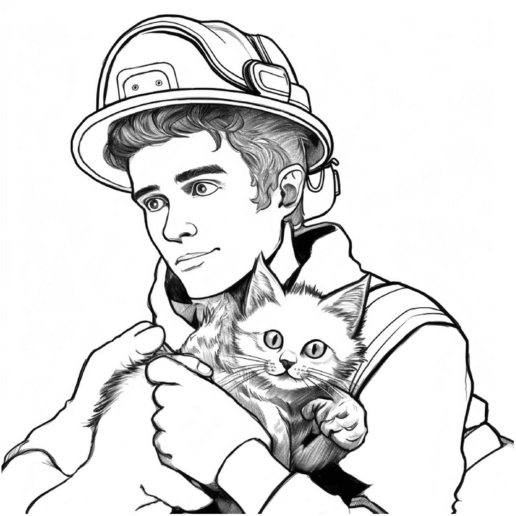 malvorlage-feuerwehrmann-mit-kaetzchen