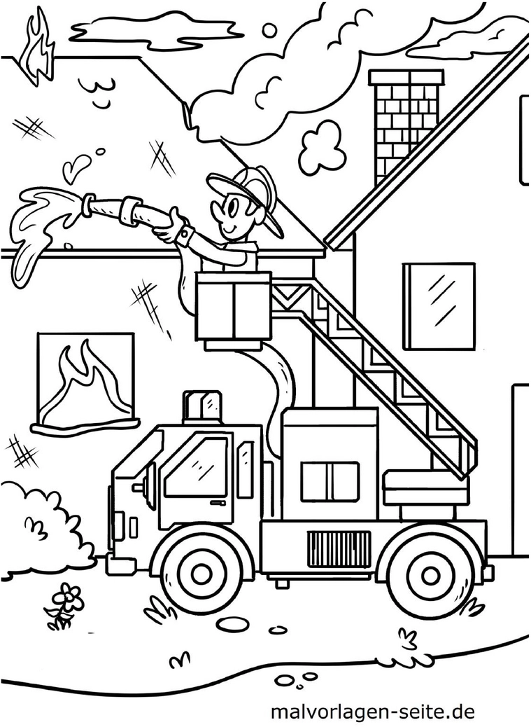 malvorlage-feuerwehrmann-mit-loeschfahrzeug-und-leiter