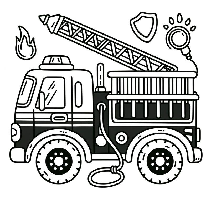 malvorlage-feuerwehrwagen-mit-leiter-und-symbolen