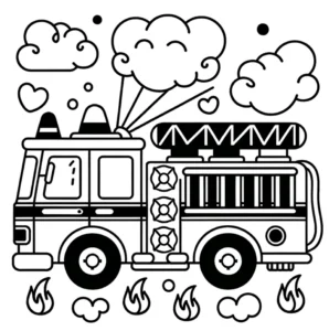 malvorlage-feuerwehrwagen-wolken-flammen