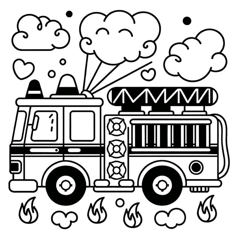 malvorlage-feuerwehrwagen-wolken-flammen