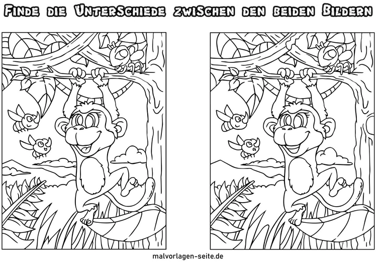 malvorlage-finde-die-unterschiede-mit-affen-und-bienen