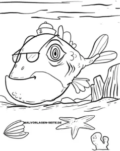 malvorlage-fisch-mit-kapitänsmütze-und-meeresbewohnern