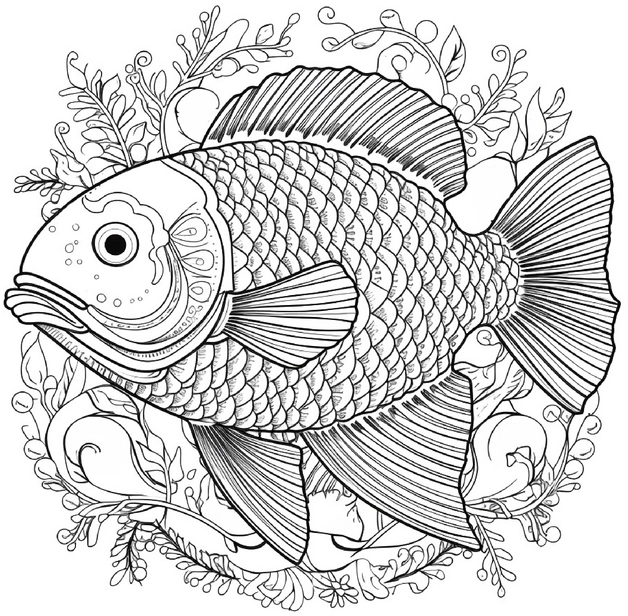 malvorlage-fisch-mit-pflanzen-und-details