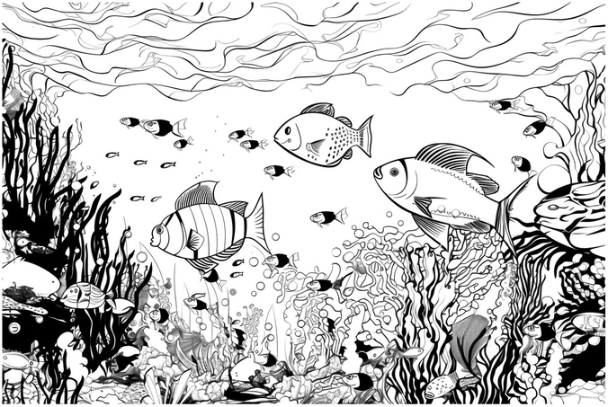 malvorlage-fische-in-einer-bunten-unterwasserlandschaft