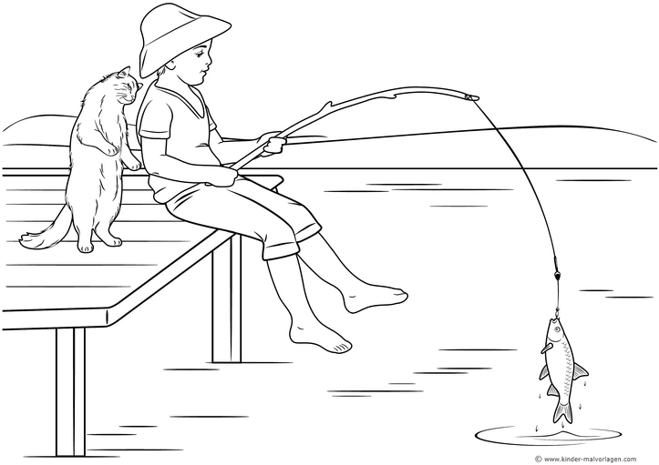 malvorlage-fischender-junge-mit-kater-am-ufer
