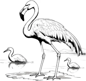 malvorlage-flamingo-familie-im-wasser