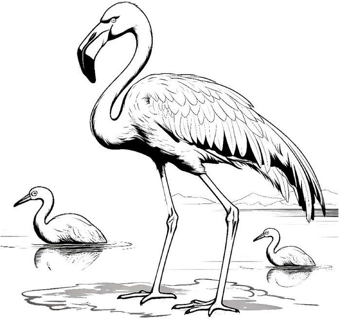 malvorlage-flamingo-familie-im-wasser
