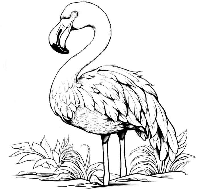 malvorlage-flamingo-im-dschungel-mit-pflanzen