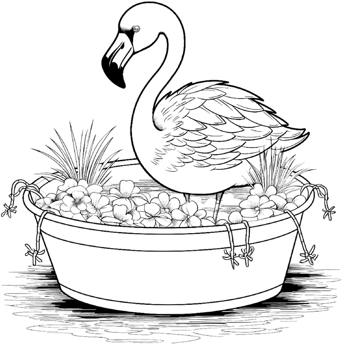 malvorlage-flamingo-in-bluemendem-topf-mit-blumen