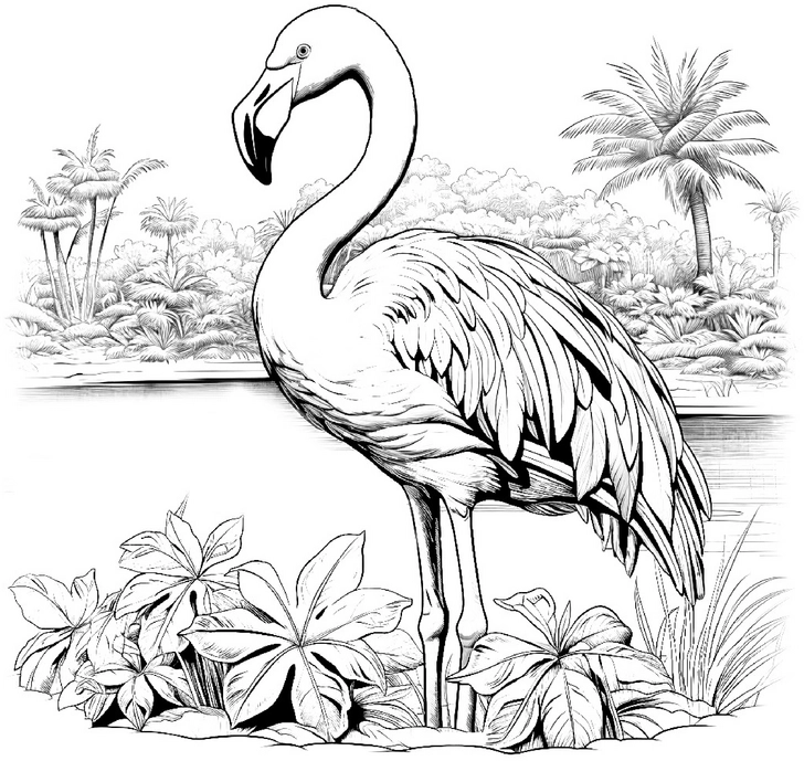 malvorlage-flamingo-in-tropischer-umgebung