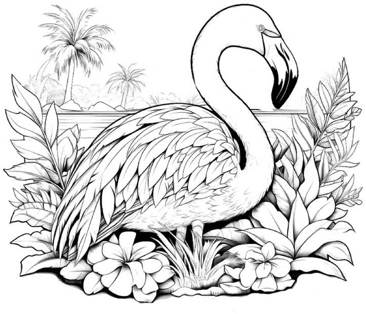 malvorlage-flamingo-in-tropischer-umgebung