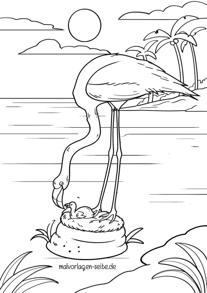 malvorlage-flamingo-mit-kueken-in-tropischer-umgebung