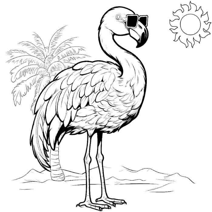 malvorlage-flamingo-sonnenbrille-am-strand