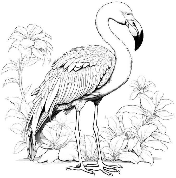malvorlage-flamingo-umgeben-von-pflanzen