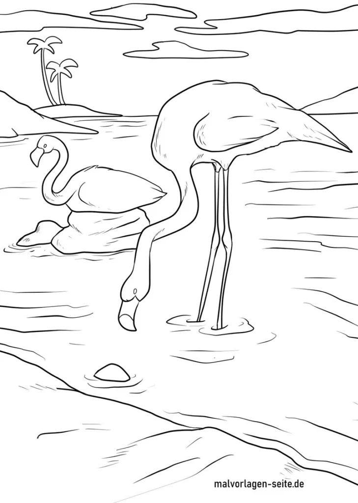 malvorlage-flamingos-am-wasser-mit-naturdetails