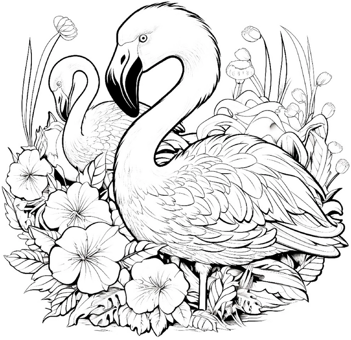 malvorlage-flamingos-in-blumen-und-pflanzen