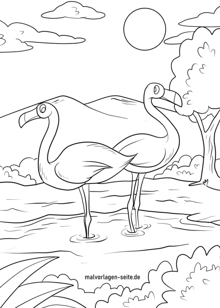 malvorlage-flamingos-in-naturumfeld