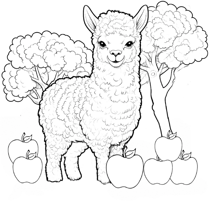 malvorlage-flauschiges-alpaka-aepfel-baume