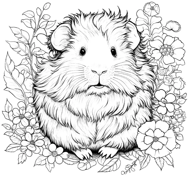 malvorlage-flauschiges-meerschweinchen-blumen-und-pflanzen