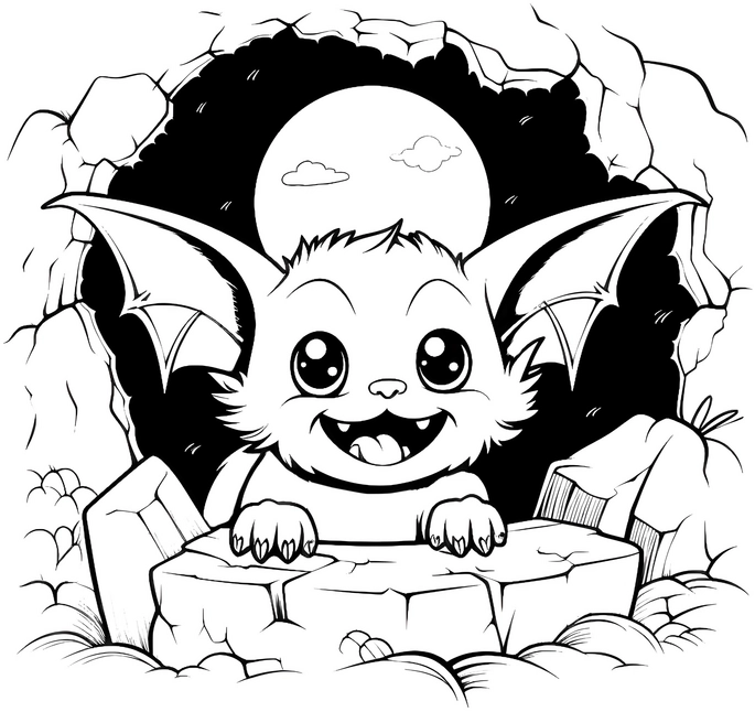 malvorlage-fledermaus-mit-mond-und-hoehle