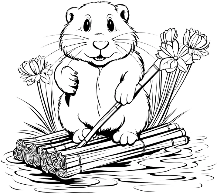 malvorlage-fleissiger-biber-auf-floesschen-mit-blumen