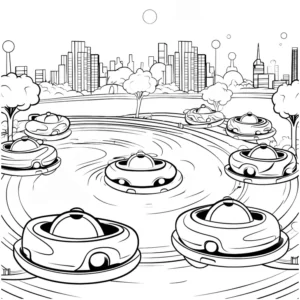 malvorlage-fliegende-autos-in-futuristischer-stadt