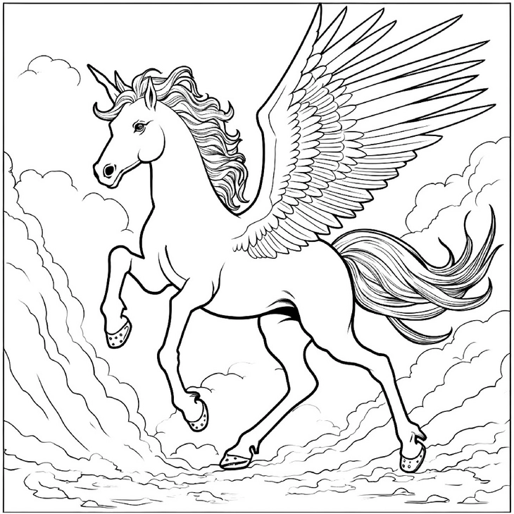 malvorlage-fliegendes-einhorn-in-wolkenlandschaft