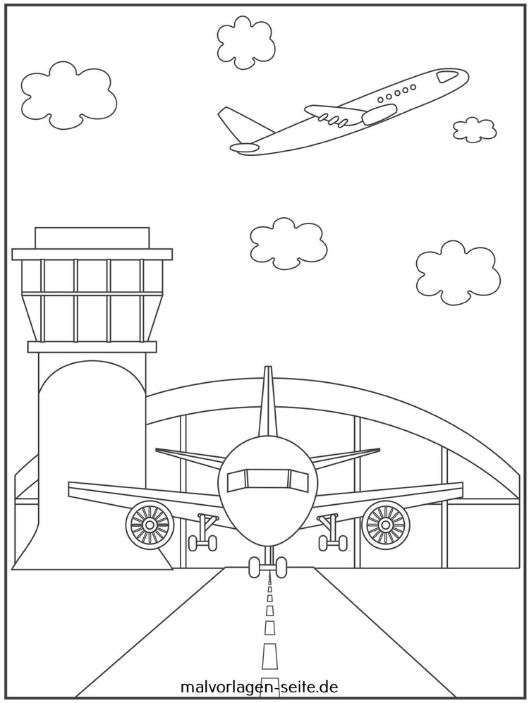 malvorlage-flughafen-mit-flugzeug-und-wolken