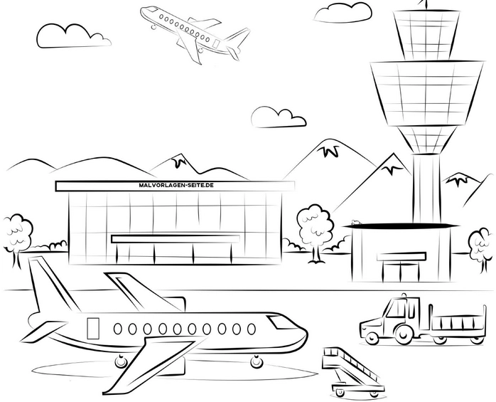 malvorlage-flughafen-mit-flugzeugen-und-kontrollturm