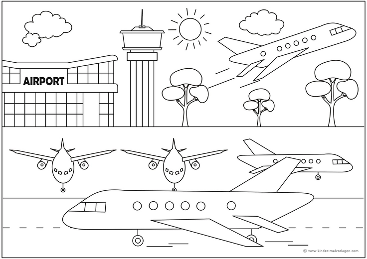 malvorlage-flughafen-mit-flugzeugen-und-landschaft
