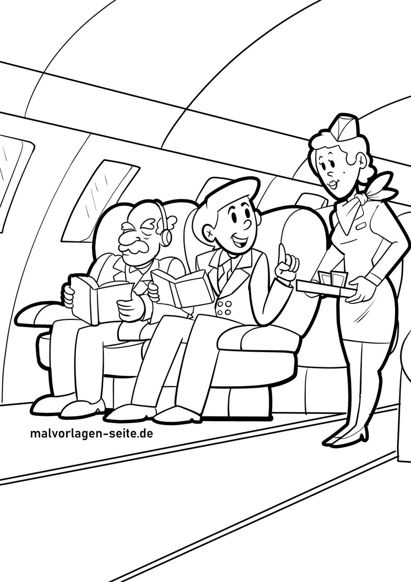 malvorlage-flugzeug-passagiere-stewardess