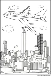 malvorlage-flugzeug-ueber-stadt-ausdrucken