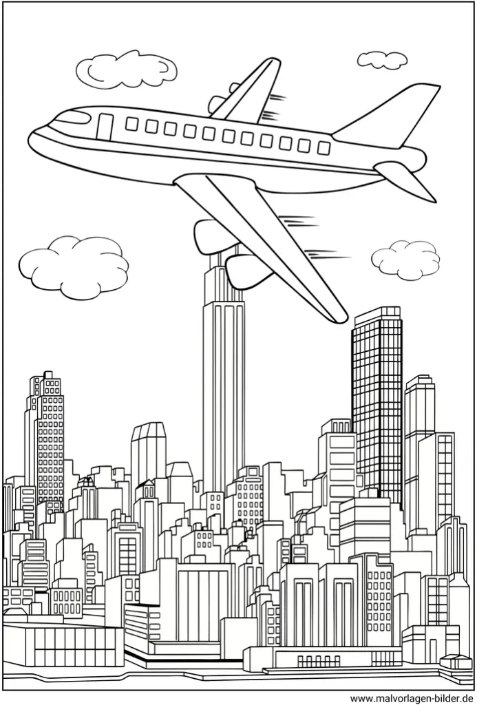 malvorlage-flugzeug-ueber-stadt-ausdrucken