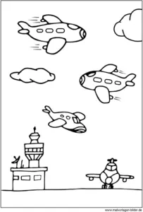 malvorlage-flugzeuge-am-flughafen