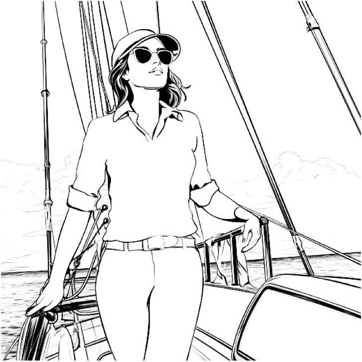malvorlage-frau-auf-boot-mit-sonnenbrille-und-meer
