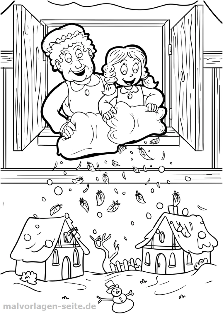 malvorlage-frau-holle-fenster-winterlandschaft