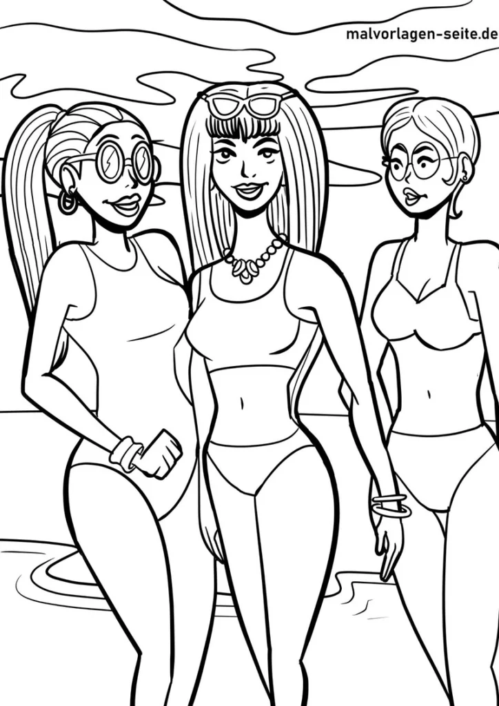 malvorlage-frauen-am-strand-in-bikinis-mit-sonnenbrillen