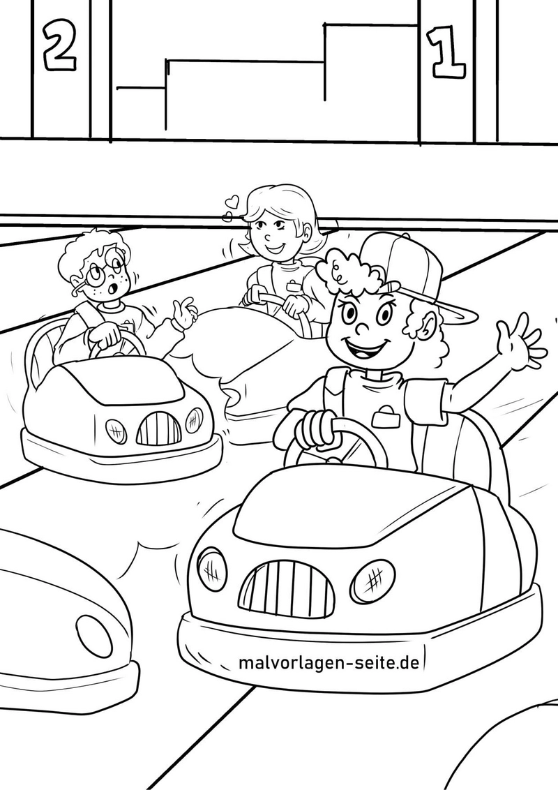 malvorlage-freizeit-autoscooter-kinder-auf-rennstrecke