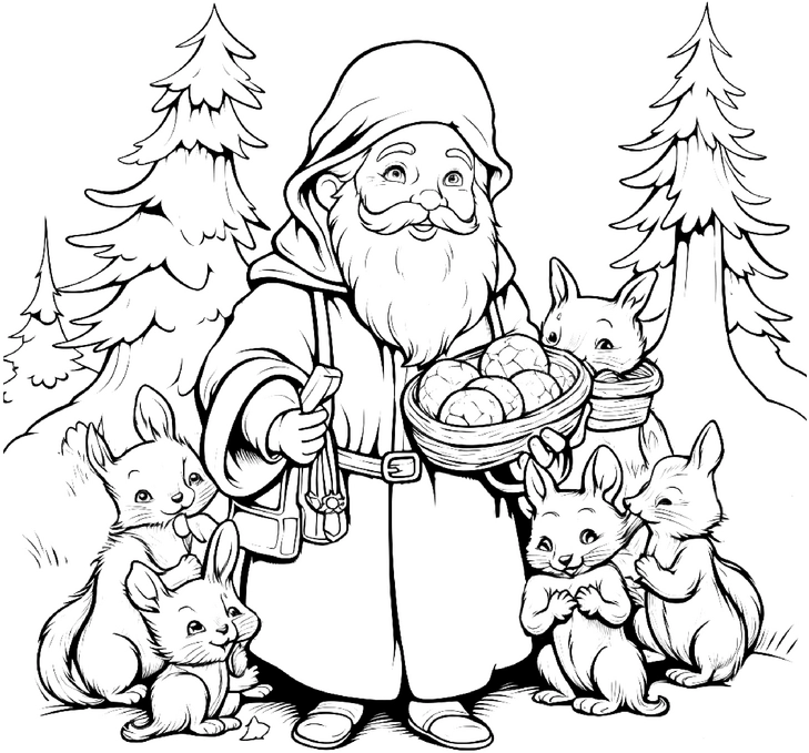 malvorlage-freundlicher-mann-mit-tieren-im-wald