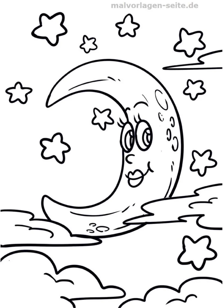 malvorlage-freundlicher-mond-mit-sternen